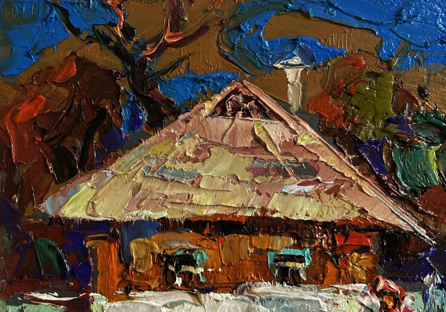 Textured impasto oil painting by Oleksiy Ivanyuk: thatched hut and relaxing bench