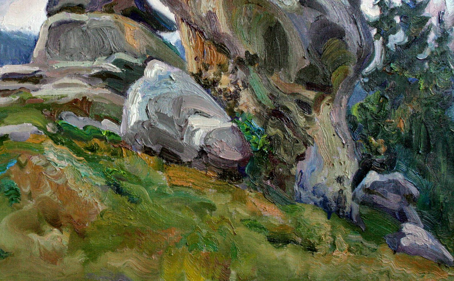 Oil painting Rocks by Leonid Pavlenko: textured gray rock formation and green foliage