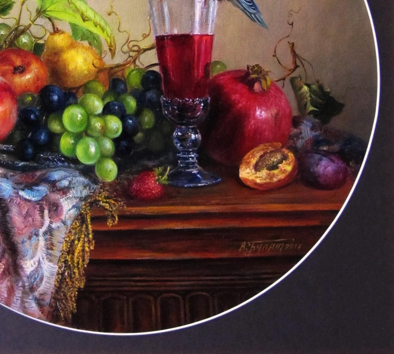 Oil painting of tall fluted glass filled with deep red yummy treat by Valeriy Bulat