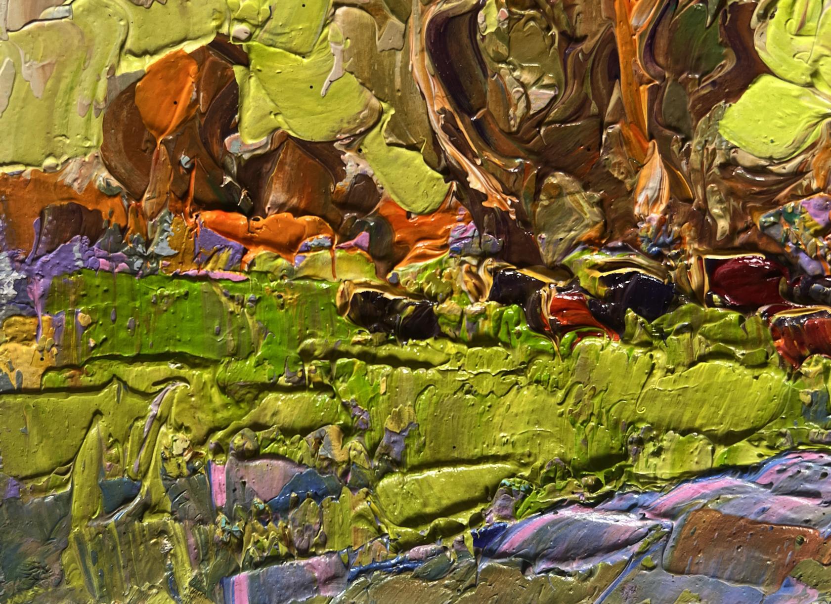 Oil painting of lush meadows behind village by Oleksiy Ivanyuk