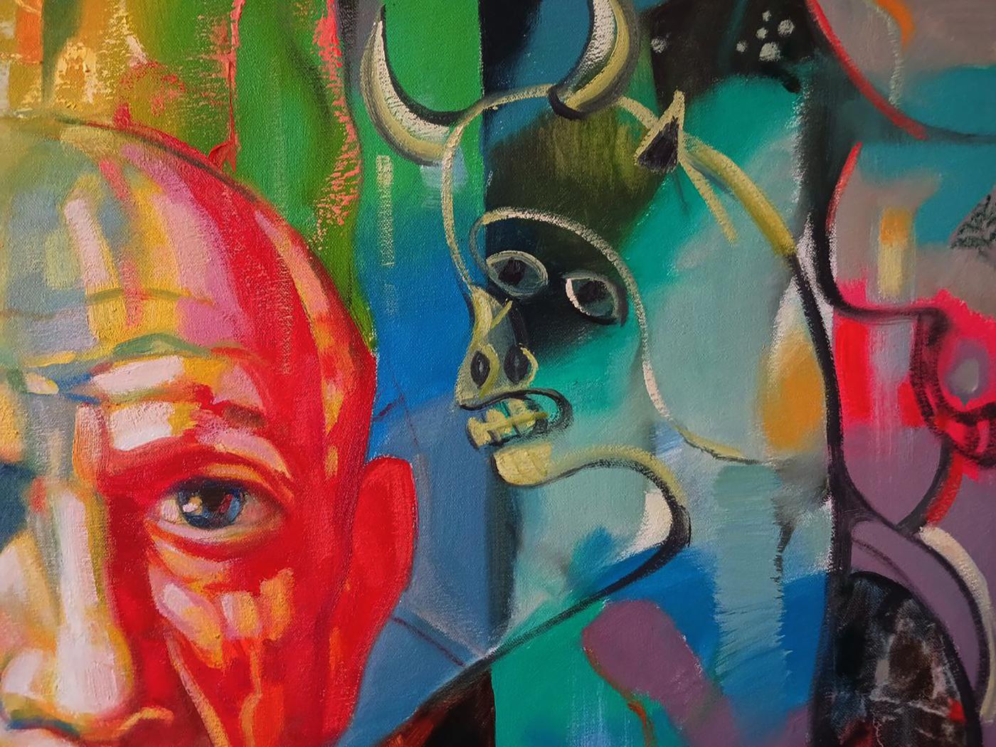Vibrant abstract oil painting by Anatoly Tarabanov: Picasso in thought with red figure and green bull