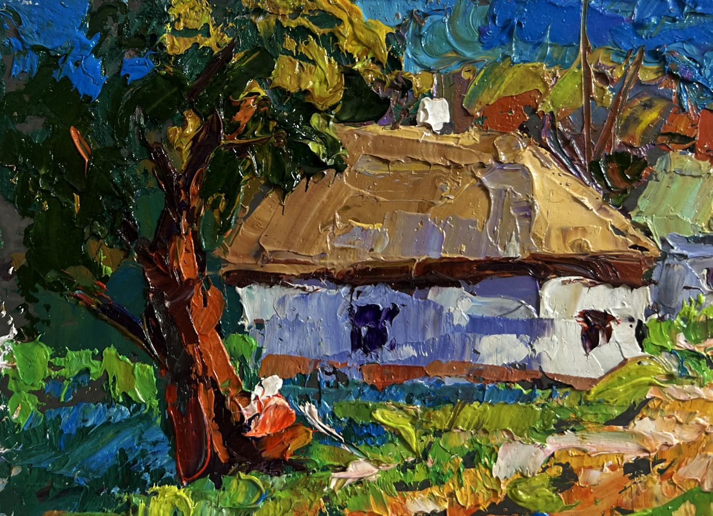 Oleksiy Ivanyuk oil painting of rustic white cottage with thatched roof under tree
