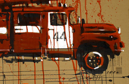 Stylized red fire truck number 44 in bold brushstrokes by Dima Filatov