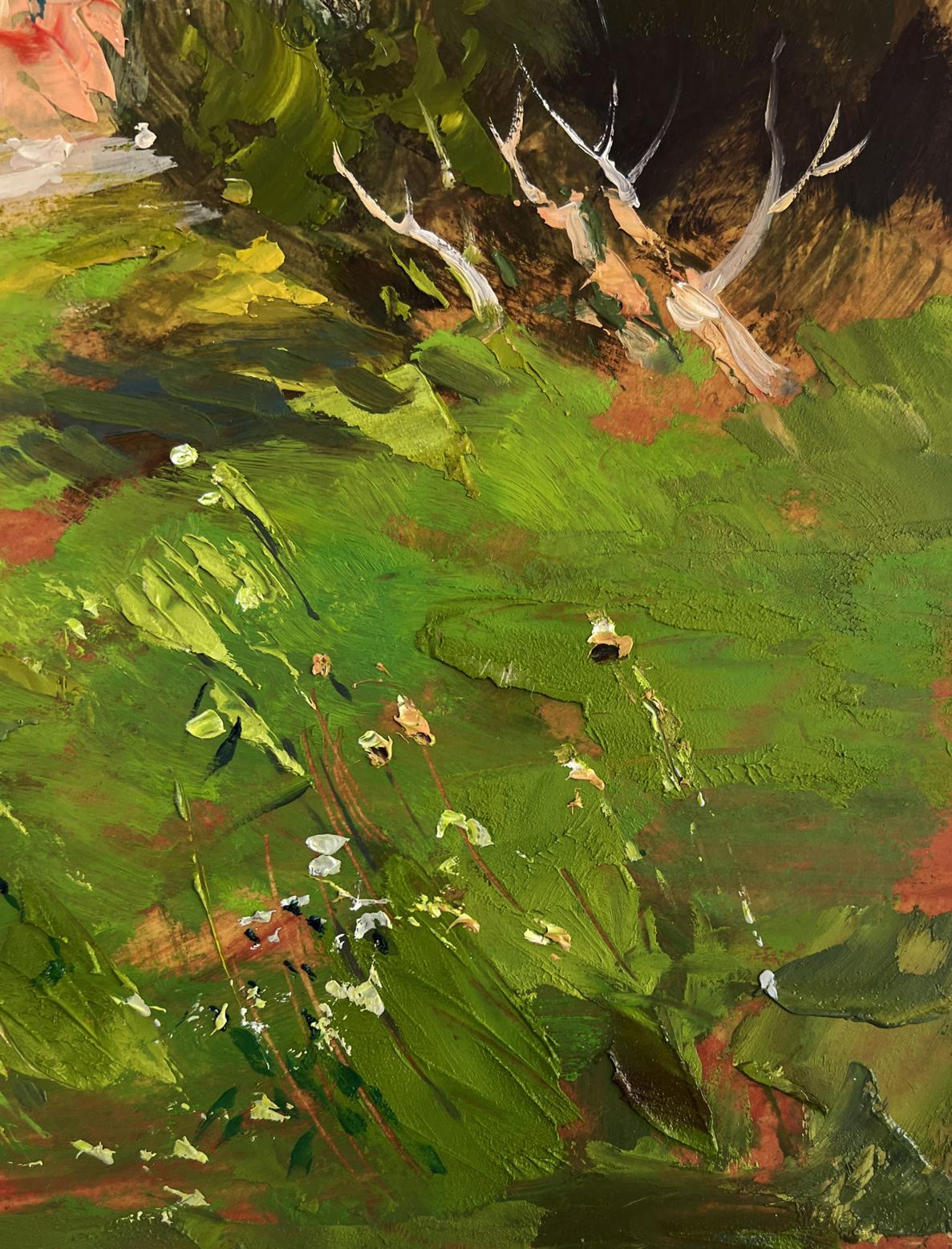 Vibrant impressionist oil painting by Yuriy Suprunchuk with green fields, flowers, birds