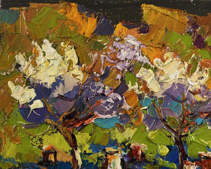 Vibrant impressionist oil painting of spring blossoming trees by Oksana Ivanyuk