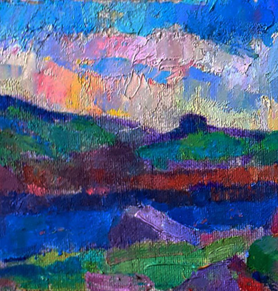 Vibrant impressionist oil painting of river and sunset over meadows by Pavel Dobrev