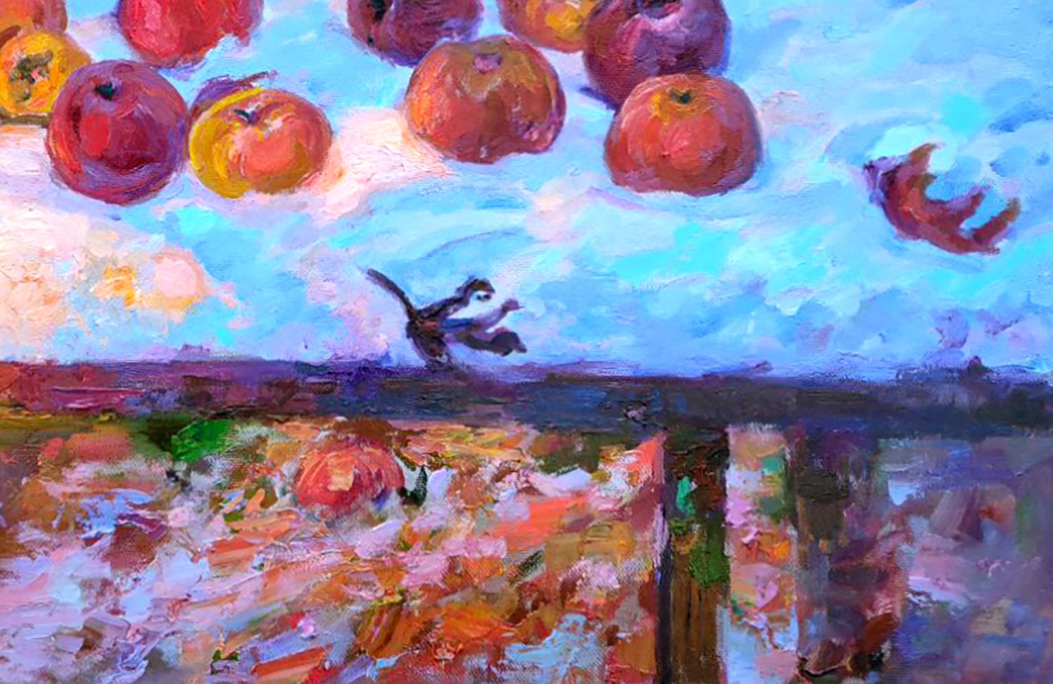 Oil painting Christmas apples by Leonid Pavlenko: floating red apples, blue sky