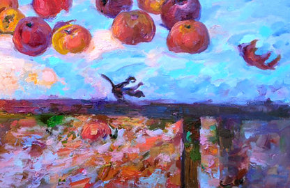 Oil painting Christmas apples by Leonid Pavlenko: floating red apples, blue sky
