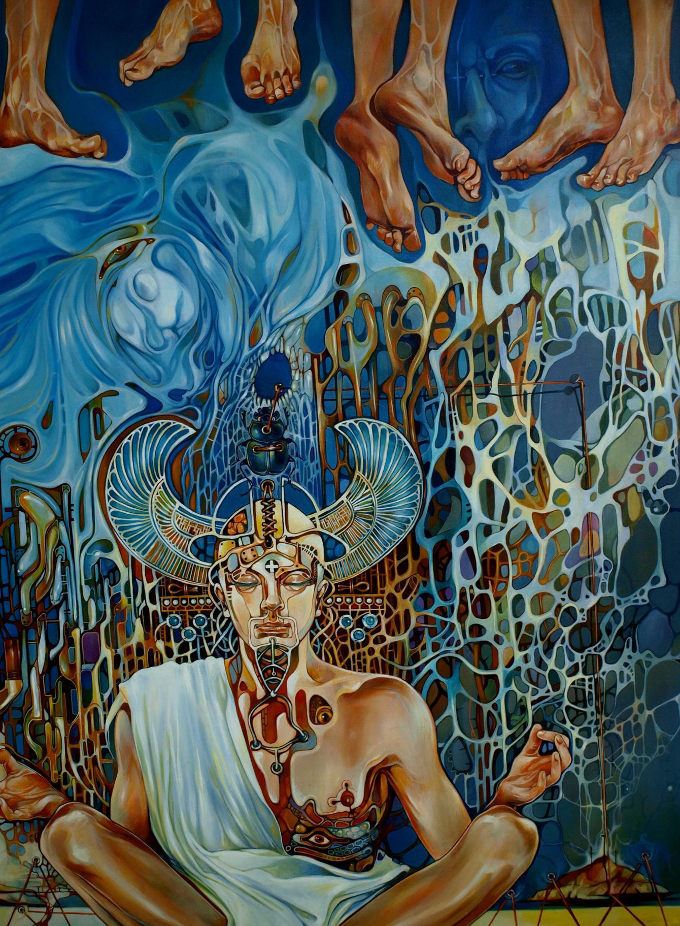 Surreal oil painting of meditative Arjuna by Konsta G. Amelinn, blue gold headdress