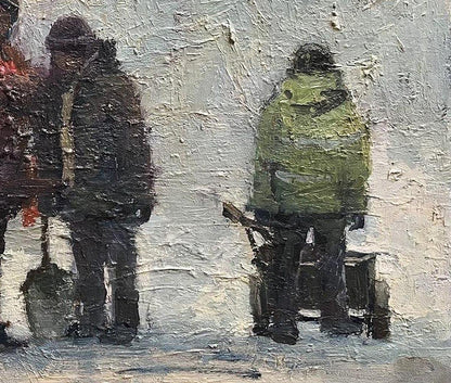 Textured oil painting of two figures in winter attire by Volodymyr Pashchenko