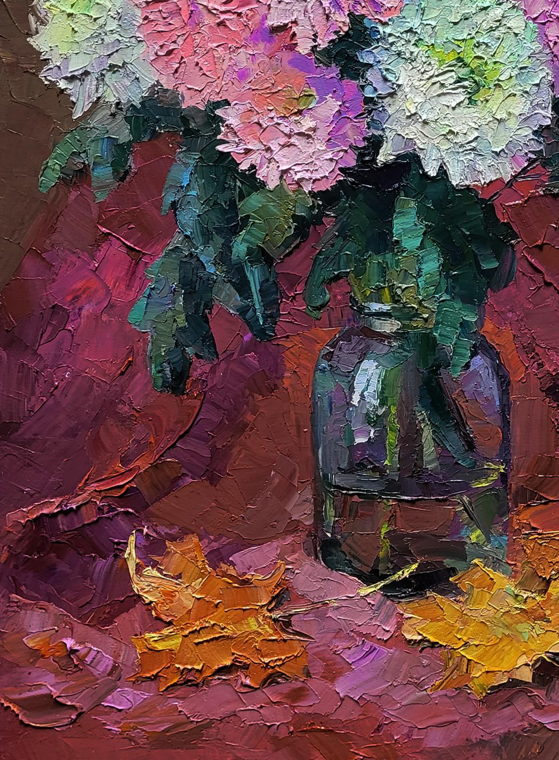 Oil painting of Boris Serdyuk bouquet of pink chrysanthemums in vase