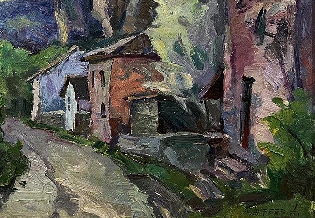 Oil painting The house by the rock by Oleksandr Andreev, rustic stone house in lush landscape