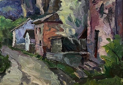 Oil painting The house by the rock by Oleksandr Andreev, rustic stone house in lush landscape