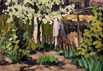 Oil painting Wild pear blossoms in the yard by Petro Kolomoytsev