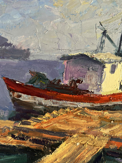 Oil painting Departure by river ferry Boris Serdyuk: red boat on dock