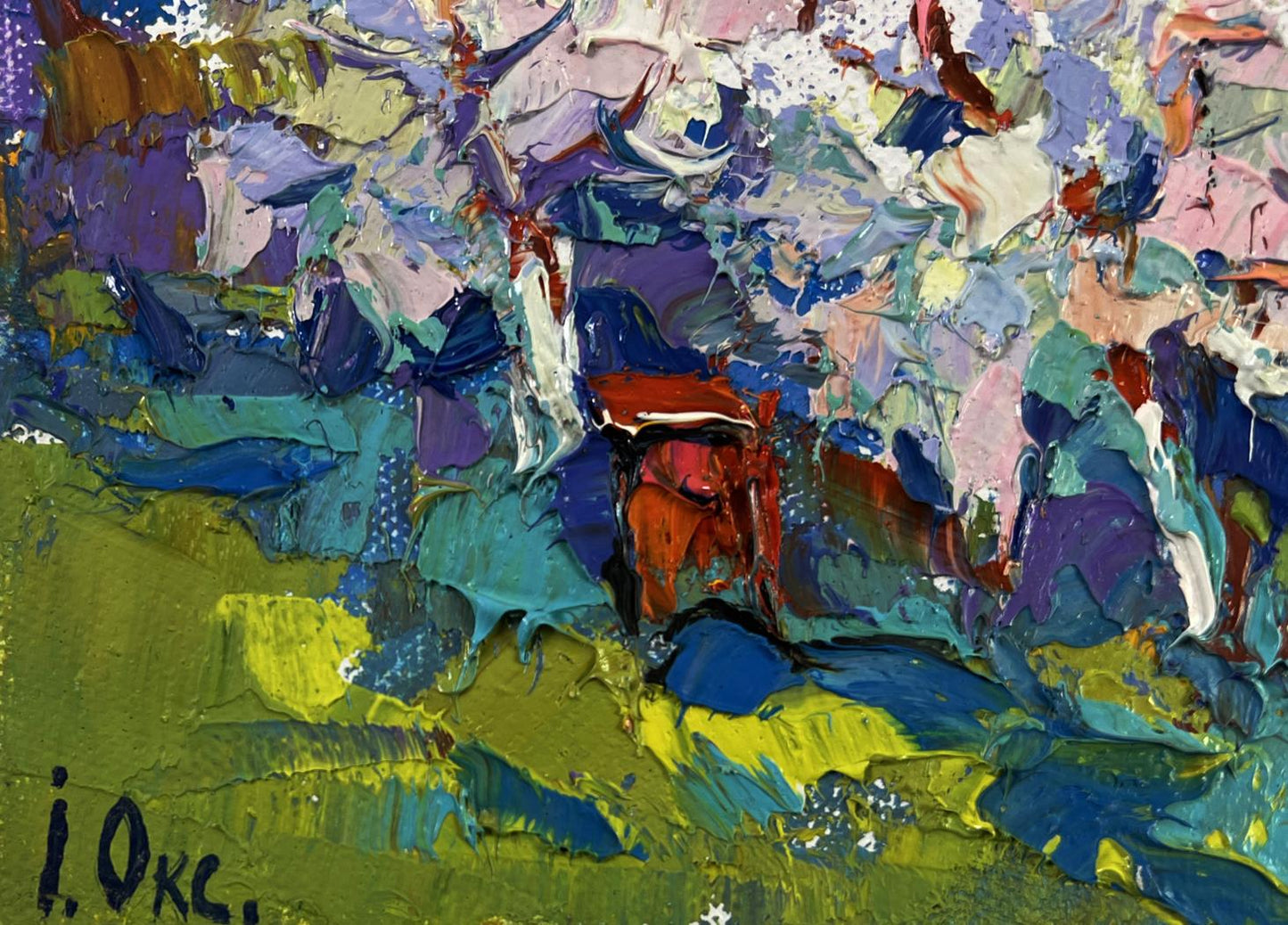 Oil painting Nature in spring colors by Oksana Ivanyuk, vibrant abstract textured brushstrokes