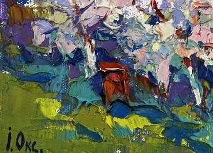 Oil painting Nature in spring colors by Oksana Ivanyuk, vibrant abstract textured brushstrokes