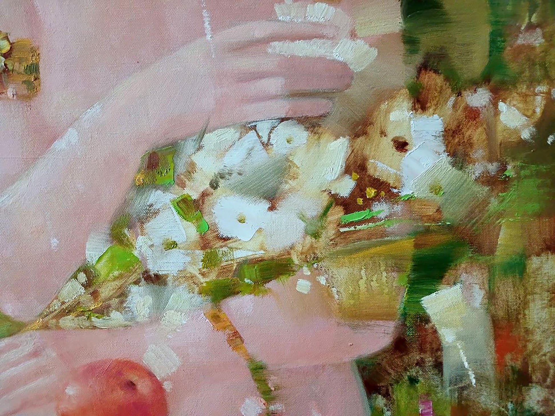 A soft pink canvas painting featuring a hand gently holding a bouquet of white flowers with green stems and hints of yellow.