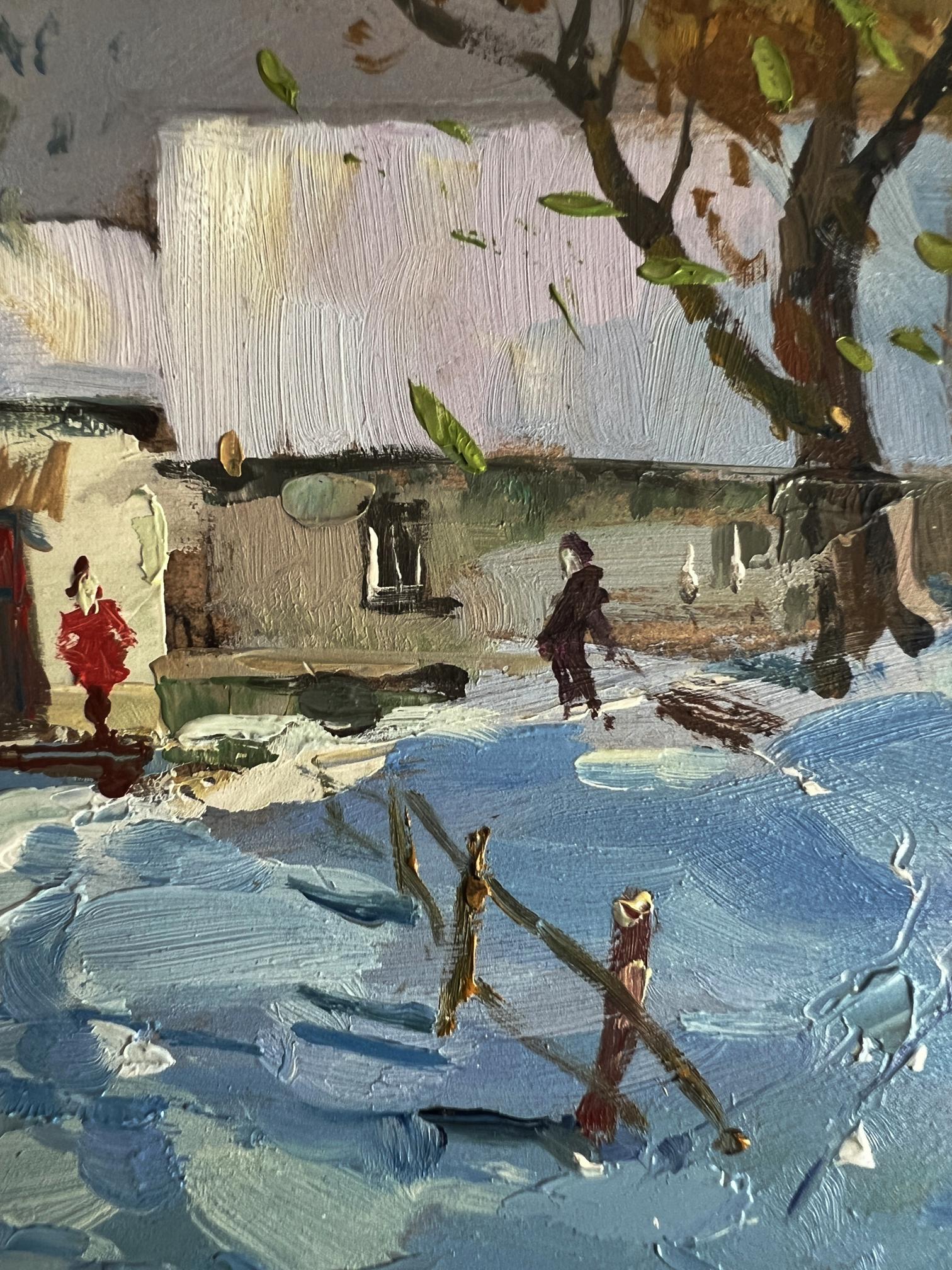 Oil painting by Yuriy Suprunchuk: snowy village after storm, figures in red and dark