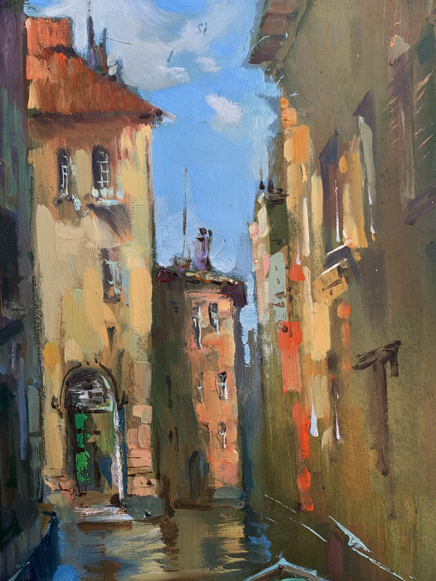 Vibrant impressionist oil painting of sunlit Venetian canal with boats by Yuriy Suprunchuk