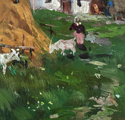 Oil painting by Yuriy Suprunchuk: white goat with curved horns in green grass