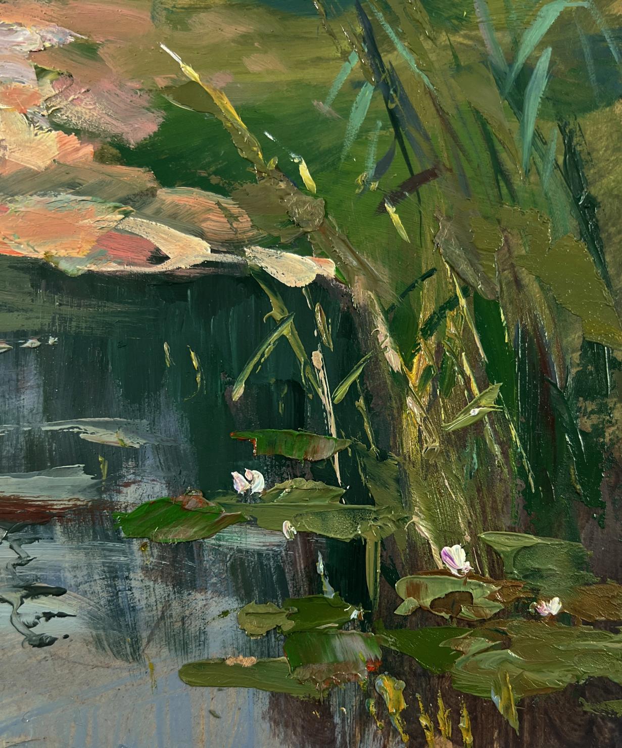 Vibrant impressionist lily pads and water lilies oil painting by Yuriy Suprunchuk