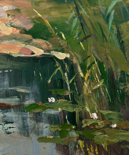 Vibrant impressionist lily pads and water lilies oil painting by Yuriy Suprunchuk