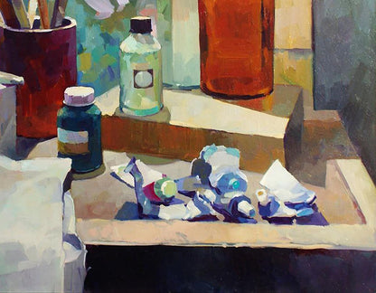 Oil painting still life with squeezed blue white green paint tubes by Anastasia Yaroshevich
