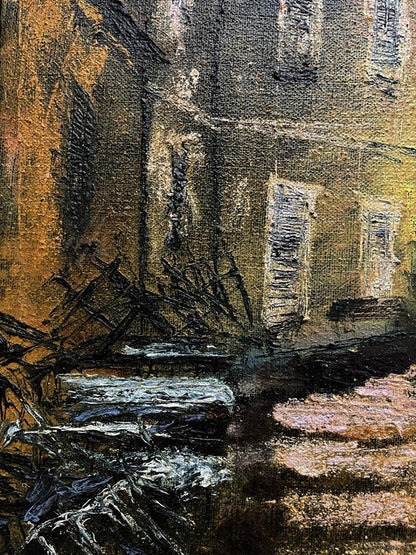 Oil painting Unchanging by Serhiy Kovalev: dimly lit alleyway