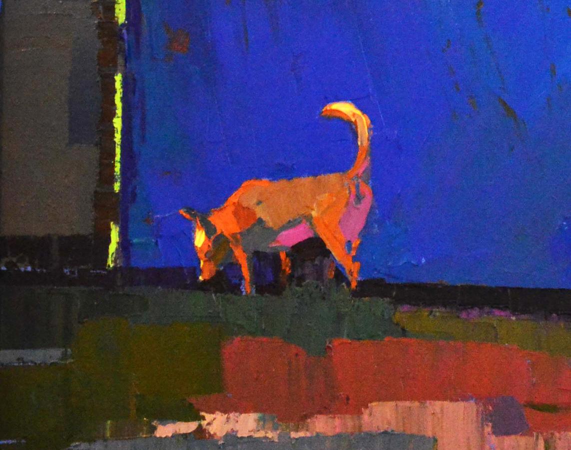 Oil painting The Gate and the Dog by Natalia Korf-Ivaniuk, stylized orange dog on blue