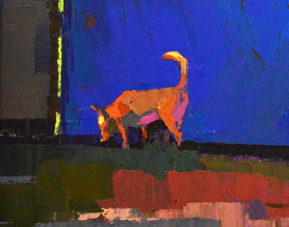 Oil painting The Gate and the Dog by Natalia Korf-Ivaniuk, stylized orange dog on blue