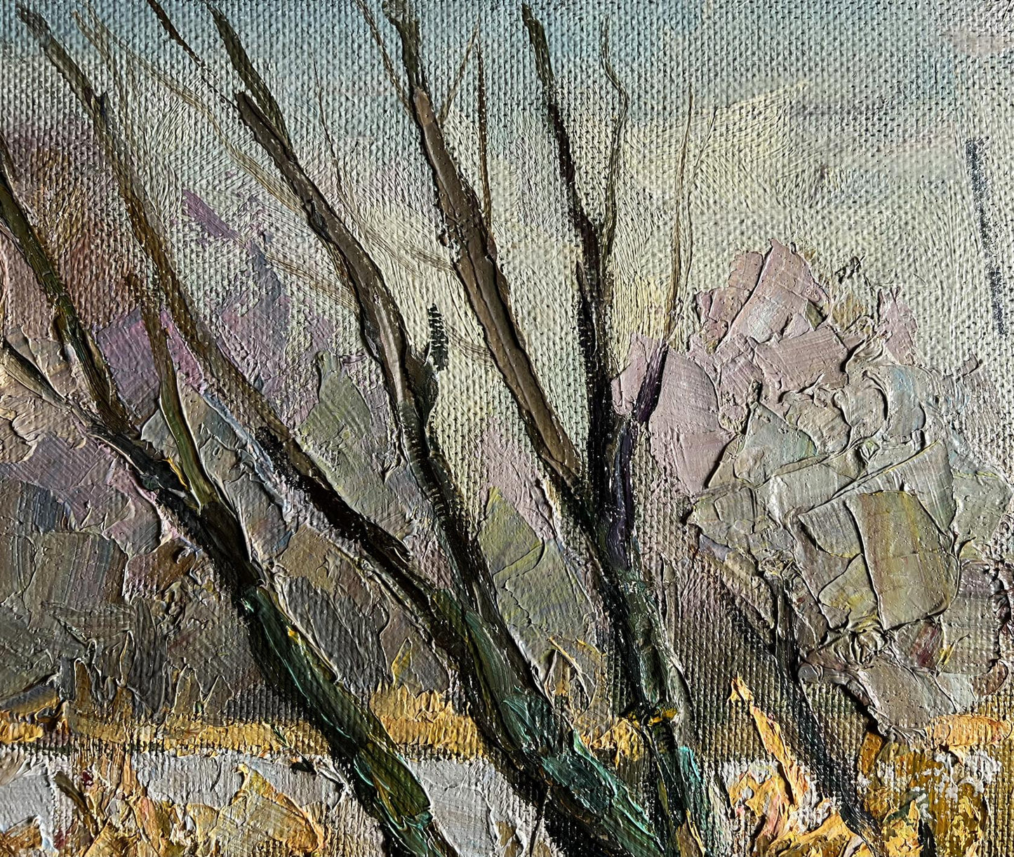 Oil painting The first snow fell by Boris Serdyuk bare branches in snow
