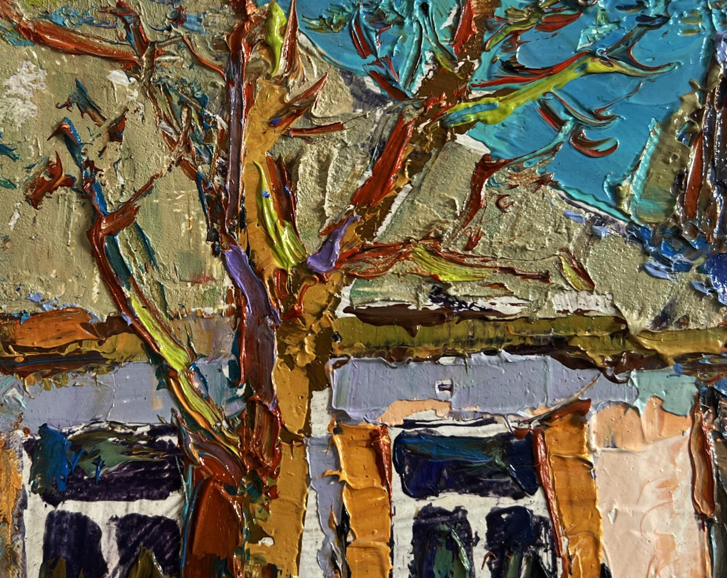 Oil painting of village courtyard by Oksana Ivanyuk with textured tree