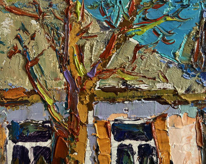 Oil painting of village courtyard by Oksana Ivanyuk with textured tree