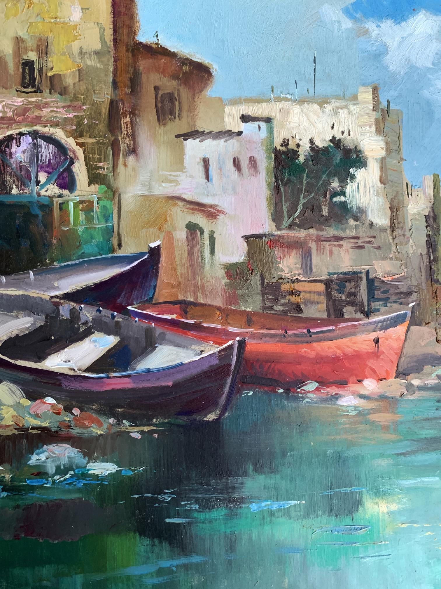 Vibrant red purple rowboat in turquoise water by stone buildings, Yuriy Suprunchuk oil painting
