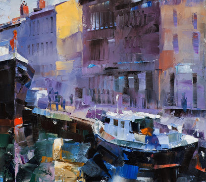 Oil painting Morning breath by Volodymyr Gluhomanyuk: vibrant canal scene