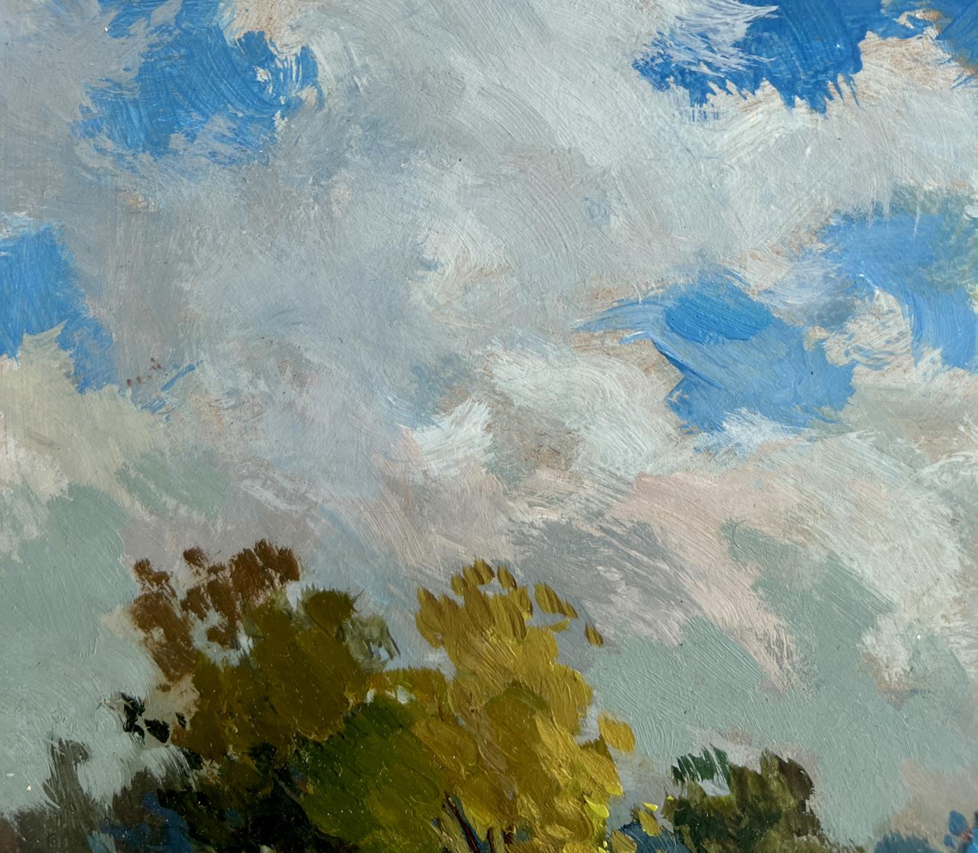 Oil painting of girl walking in field with clouds and foliage by Yuriy Suprunchuk