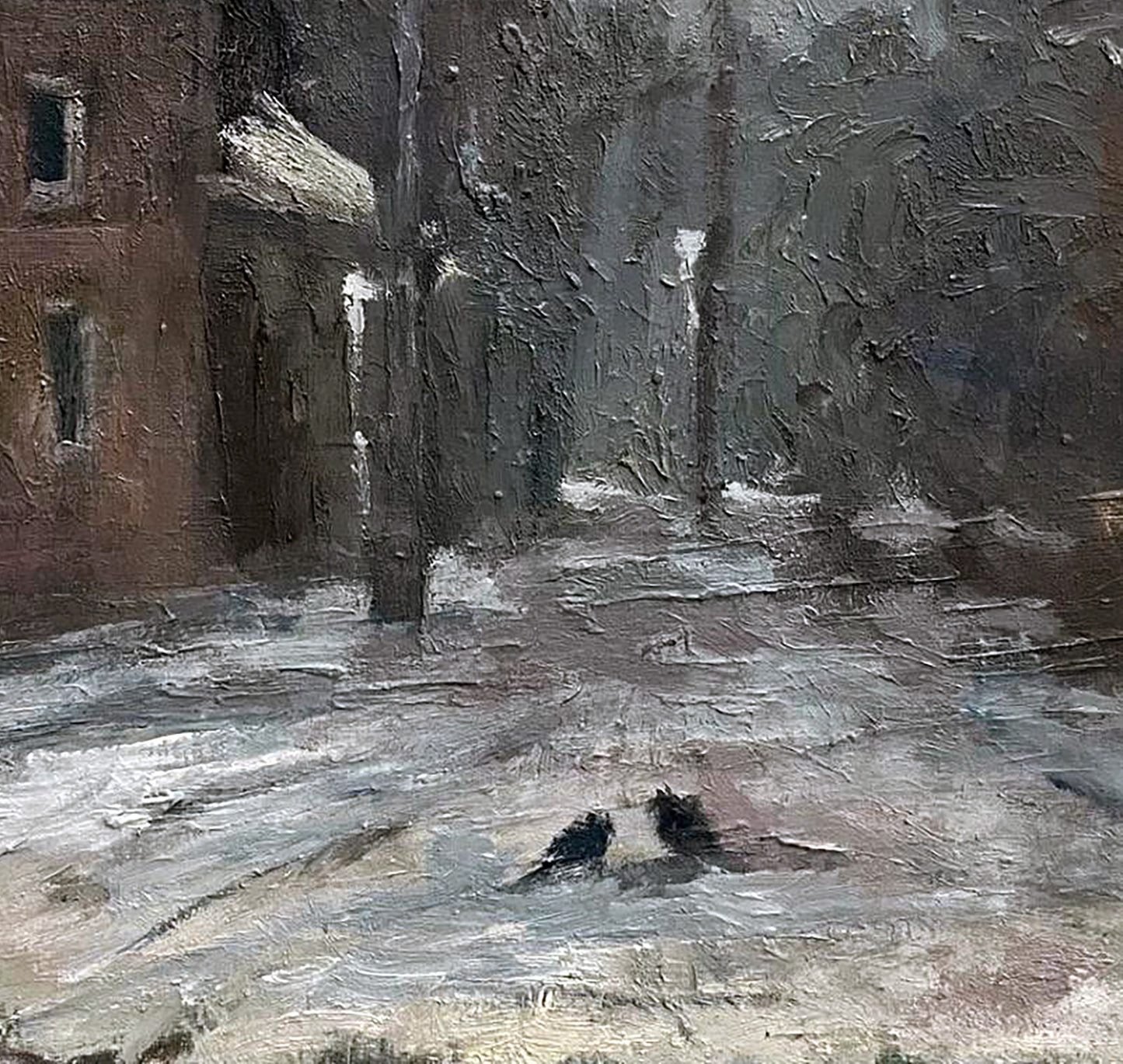 Oil painting Winter on the city streets by Volodymyr Pashchenko snowy scene