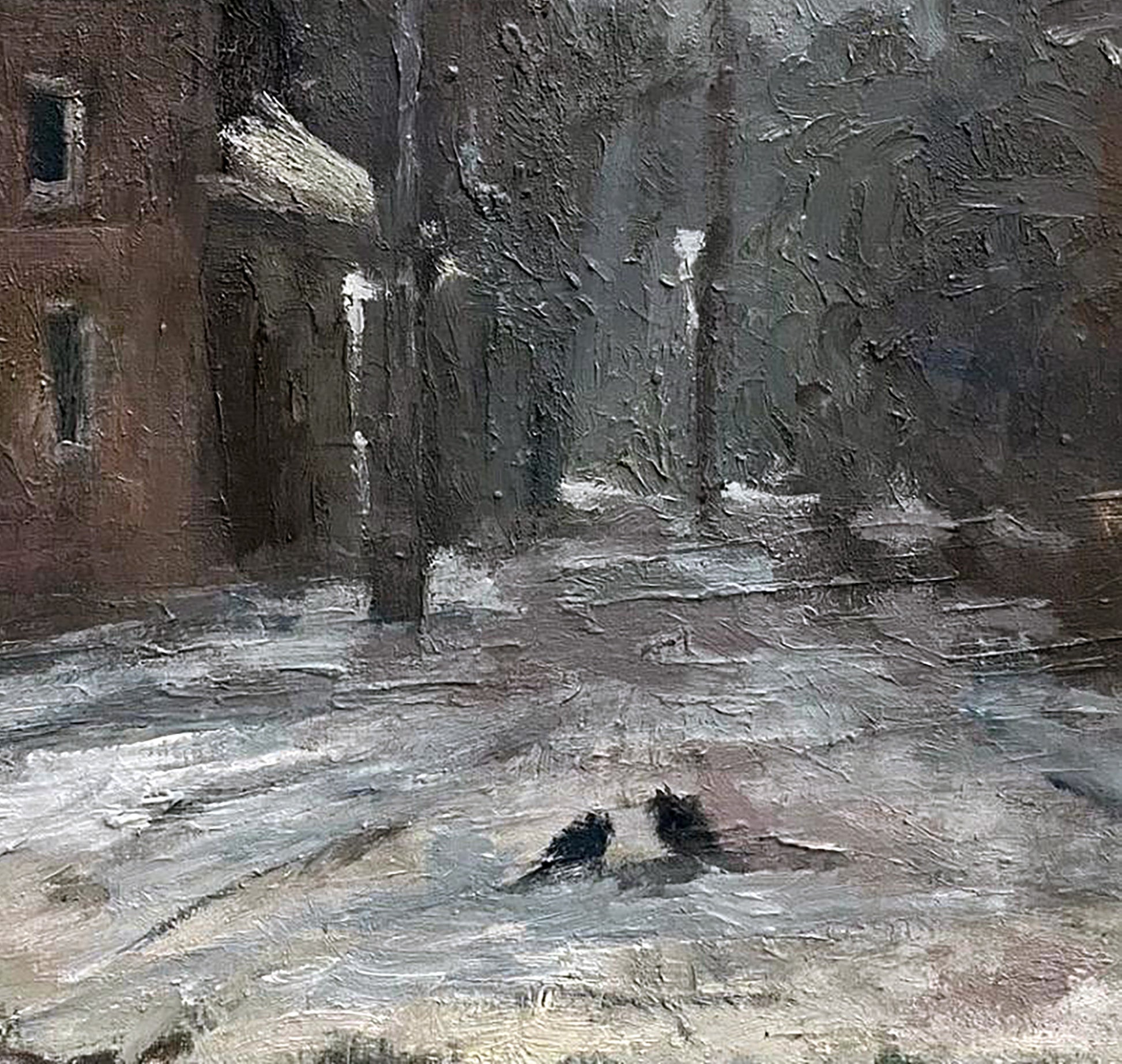 Oil painting Winter on the city streets by Volodymyr Pashchenko snowy scene