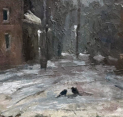 Oil painting Winter on the city streets by Volodymyr Pashchenko snowy scene