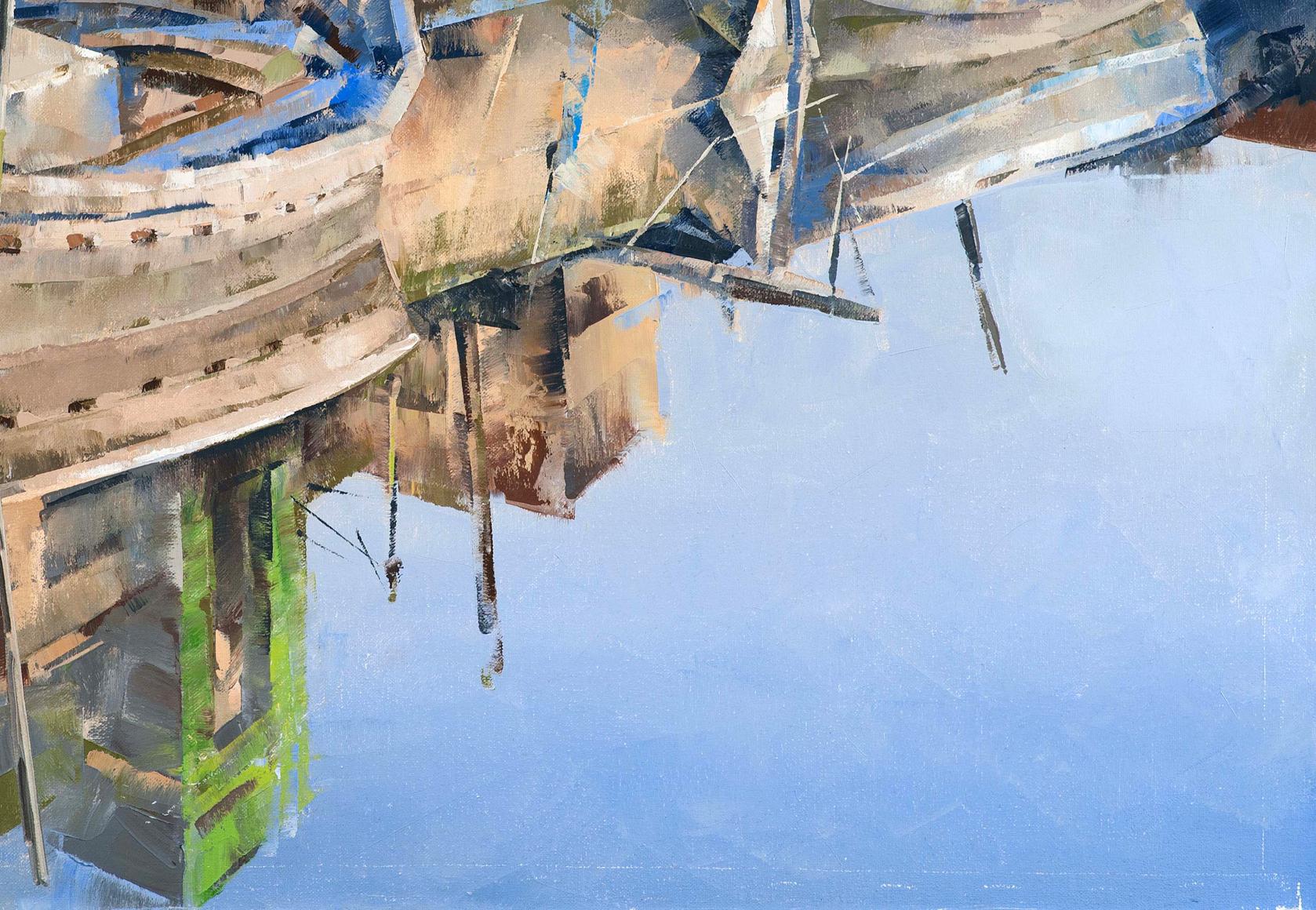 Oil painting Pier by Volodymyr Gluhomanyuk: ship and reflection