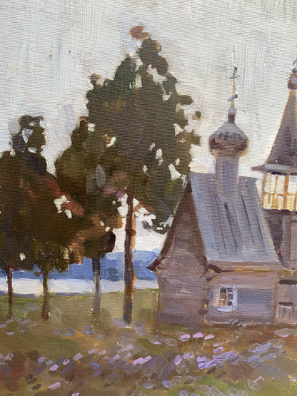 Oil painting of wooden Temple church with gray roof and dark onion domes by Tatyana Derdey