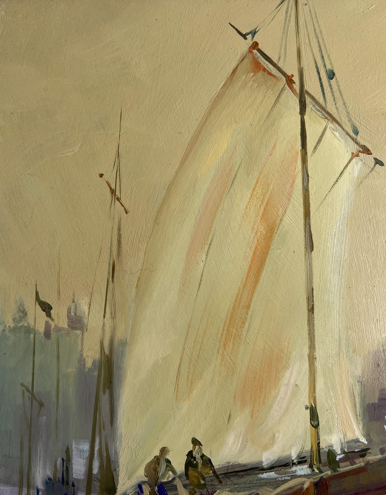 Oil painting Evening on the pier by Yuriy Suprunchuk: tall cream sail billowing