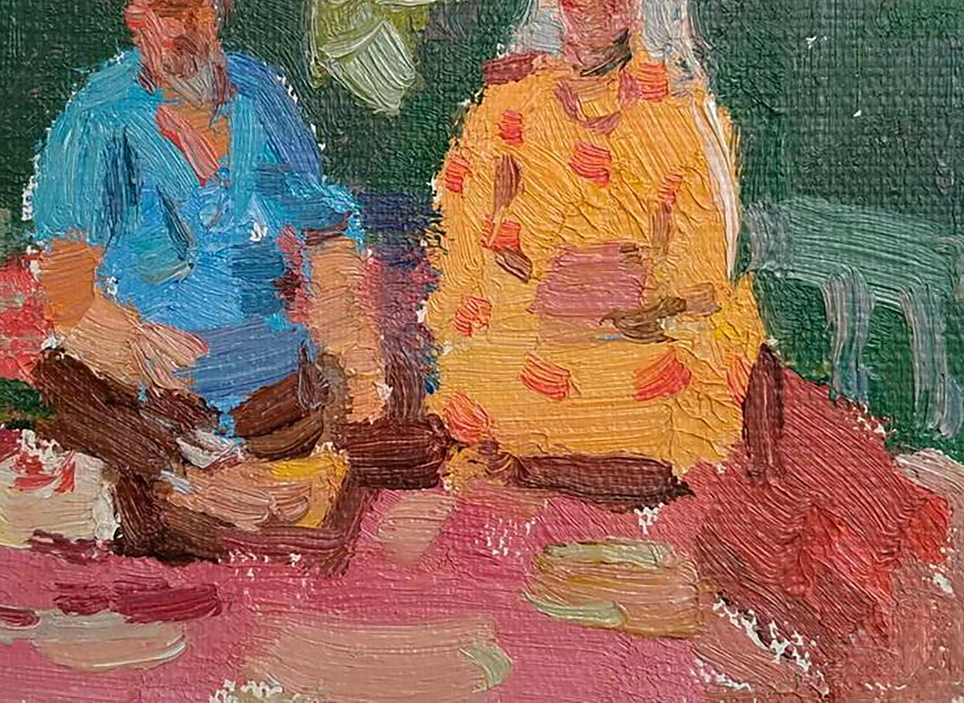 Oil painting Tea Party by Yury Konovalov: blue and yellow figures on pink
