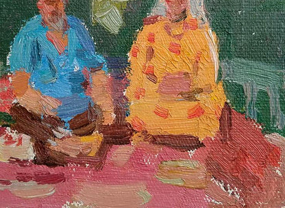 Oil painting Tea Party by Yury Konovalov: blue and yellow figures on pink