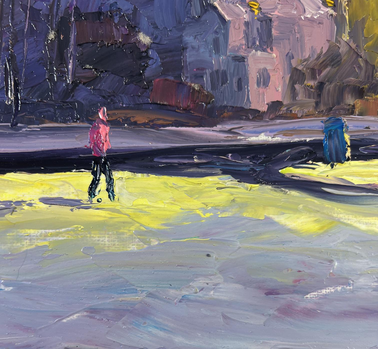 Oil painting The city never sleeps by Boris Serdyuk vibrant pink jacket figure