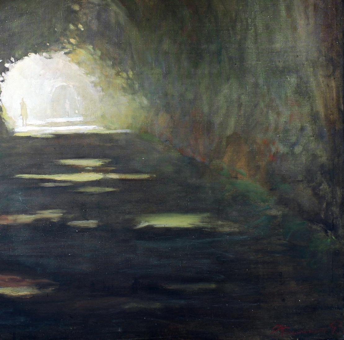 Oil painting Passage by Ed Potapenkov: dimly lit tunnel with glowing exit figure