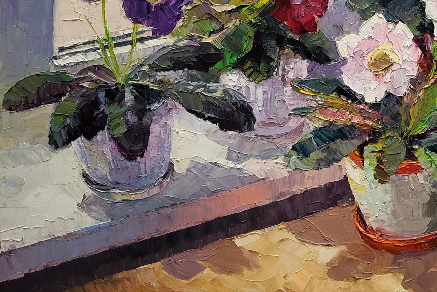 Oil painting of vibrant purple gloxinia in gray vase by Boris Serdyuk