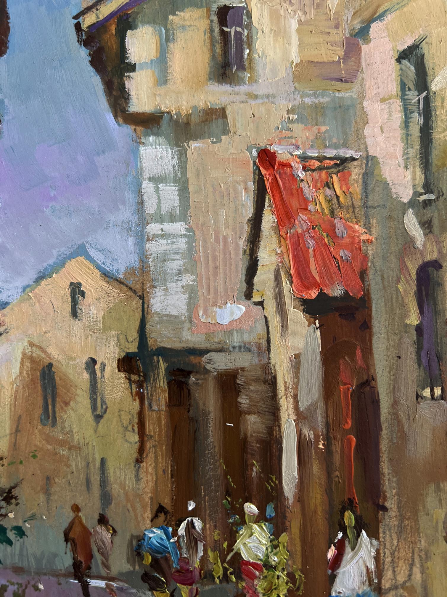Vibrant red garment on window ledge in Yuriy Suprunchuk city summer walk oil painting