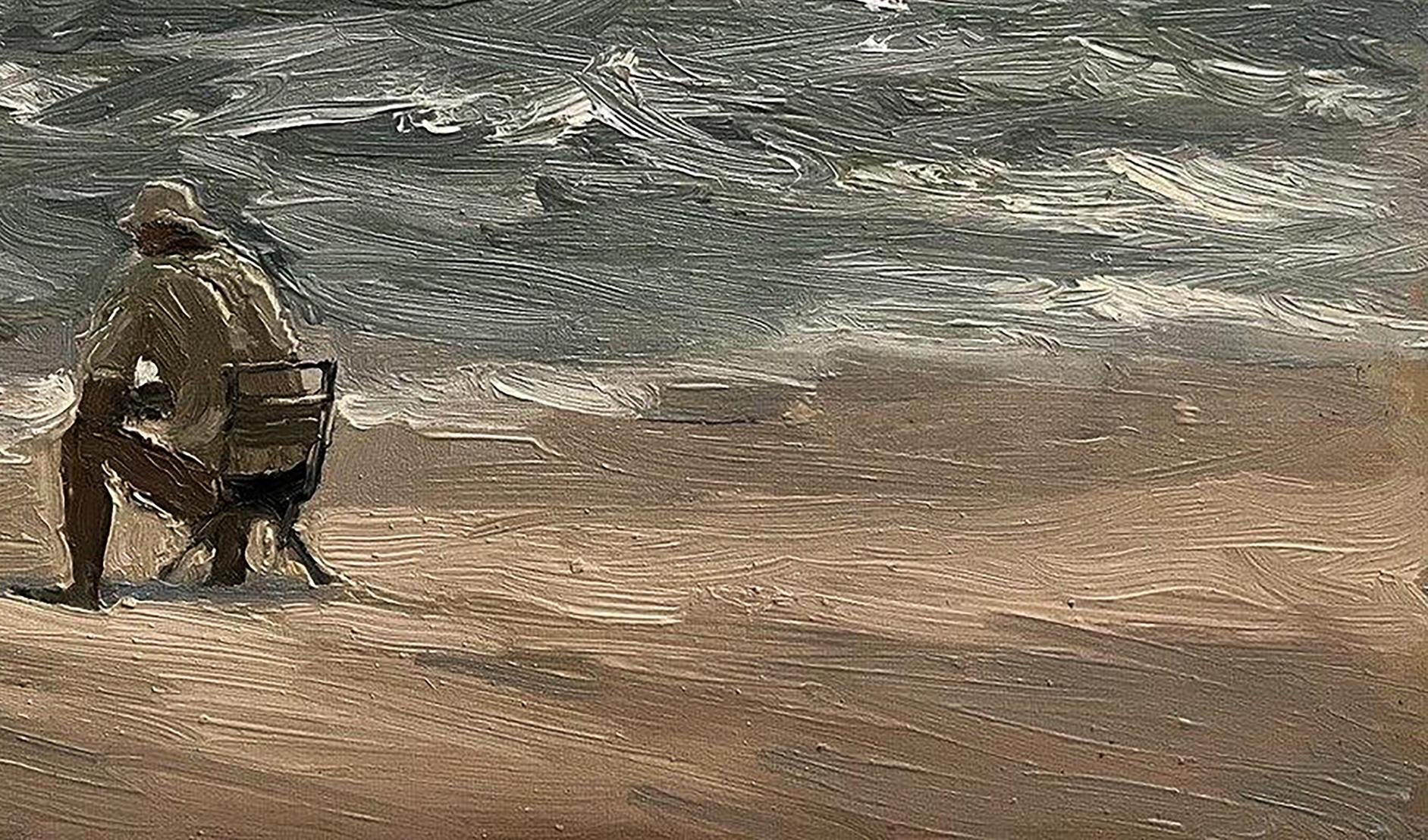 Oil painting Alone on the beach by Volodymyr Pashchenko: solitary figure on dark wooden directors chair at gray ocean edge